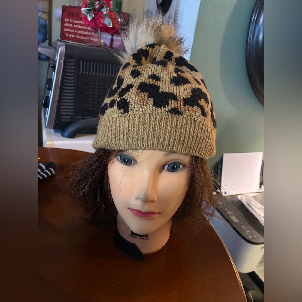 J Crew Ladies leopard print hat with Pom Pom-O/S